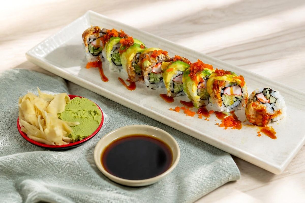 Avocado-topped roll with ginger and wasabi